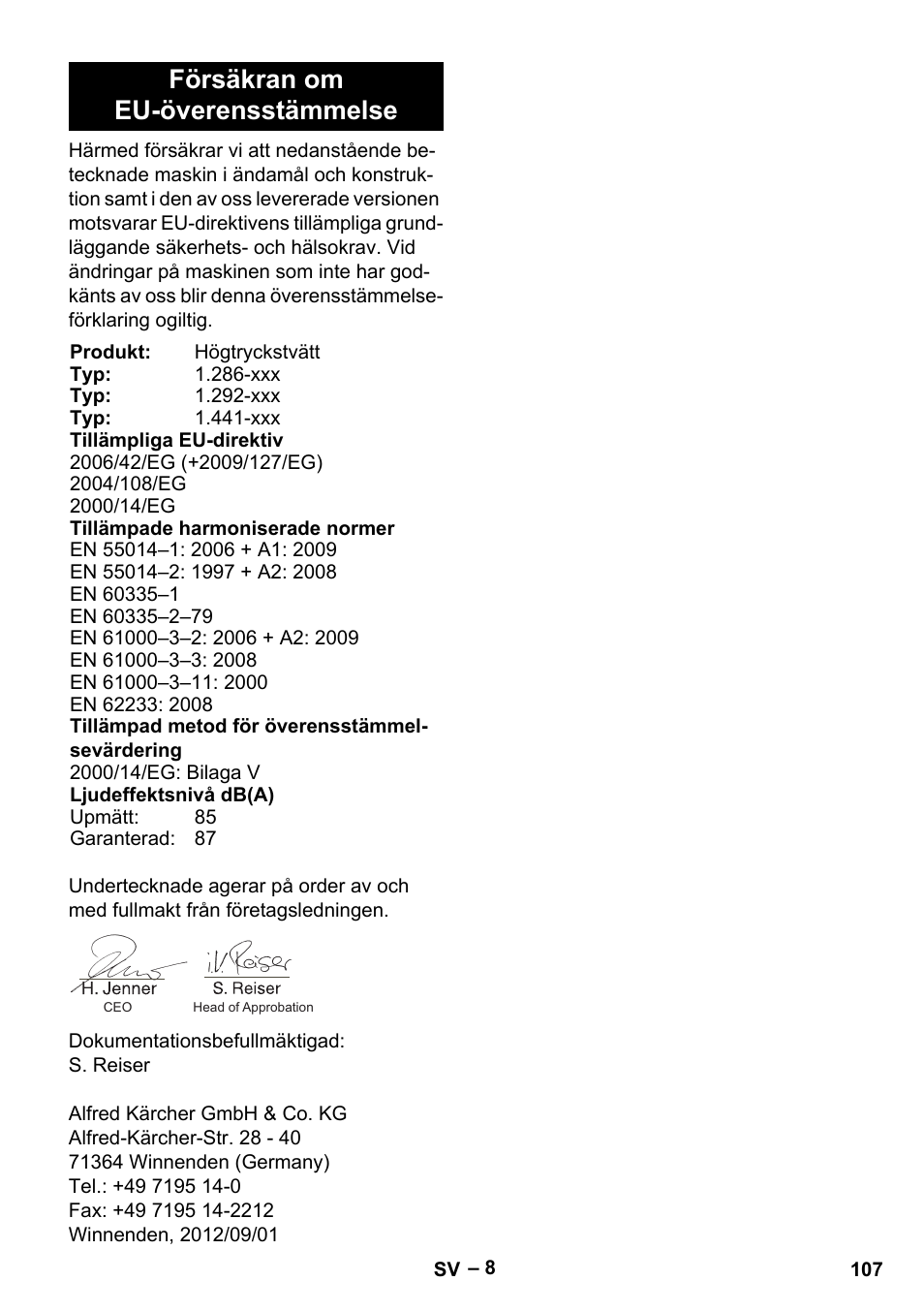Försäkran om eu-överensstämmelse | Karcher HD 10-23-4 SX Plus User Manual | Page 107 / 264