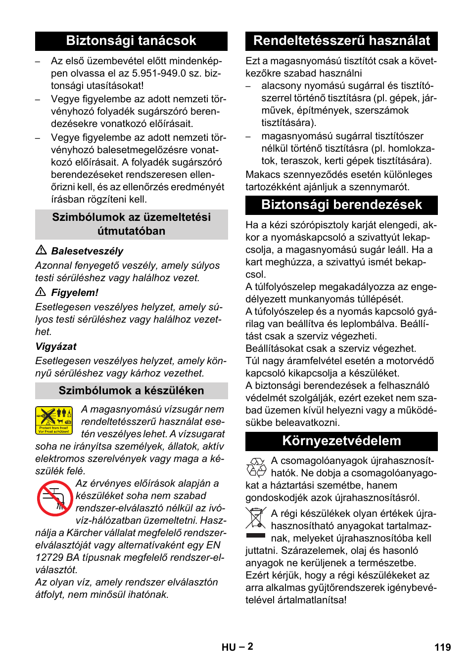 Biztonsági tanácsok | Karcher HD 10-23-4 SX Plus User Manual | Page 119 / 264