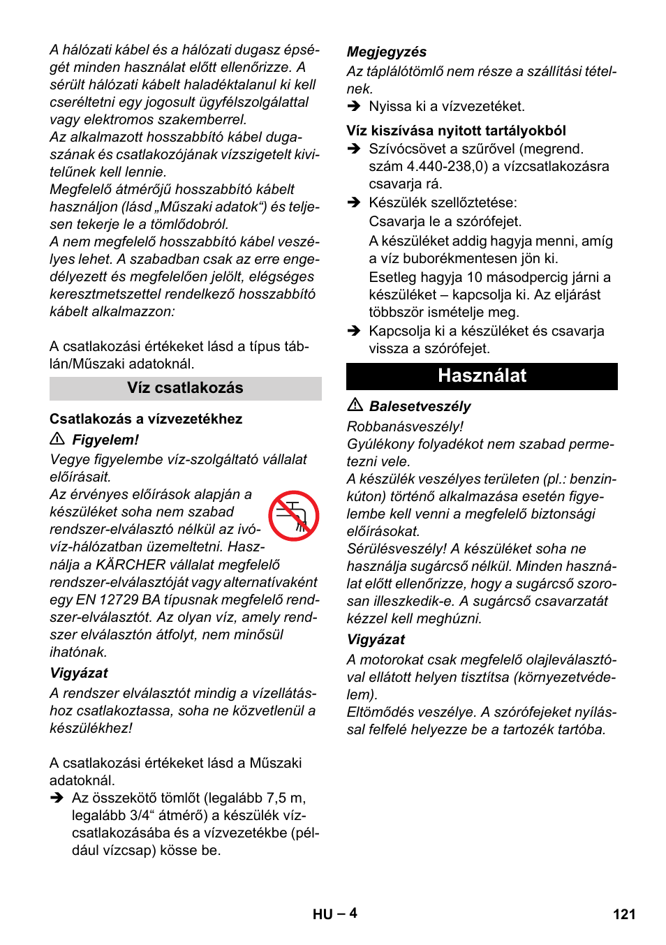 Használat | Karcher HD 10-23-4 SX Plus User Manual | Page 121 / 264