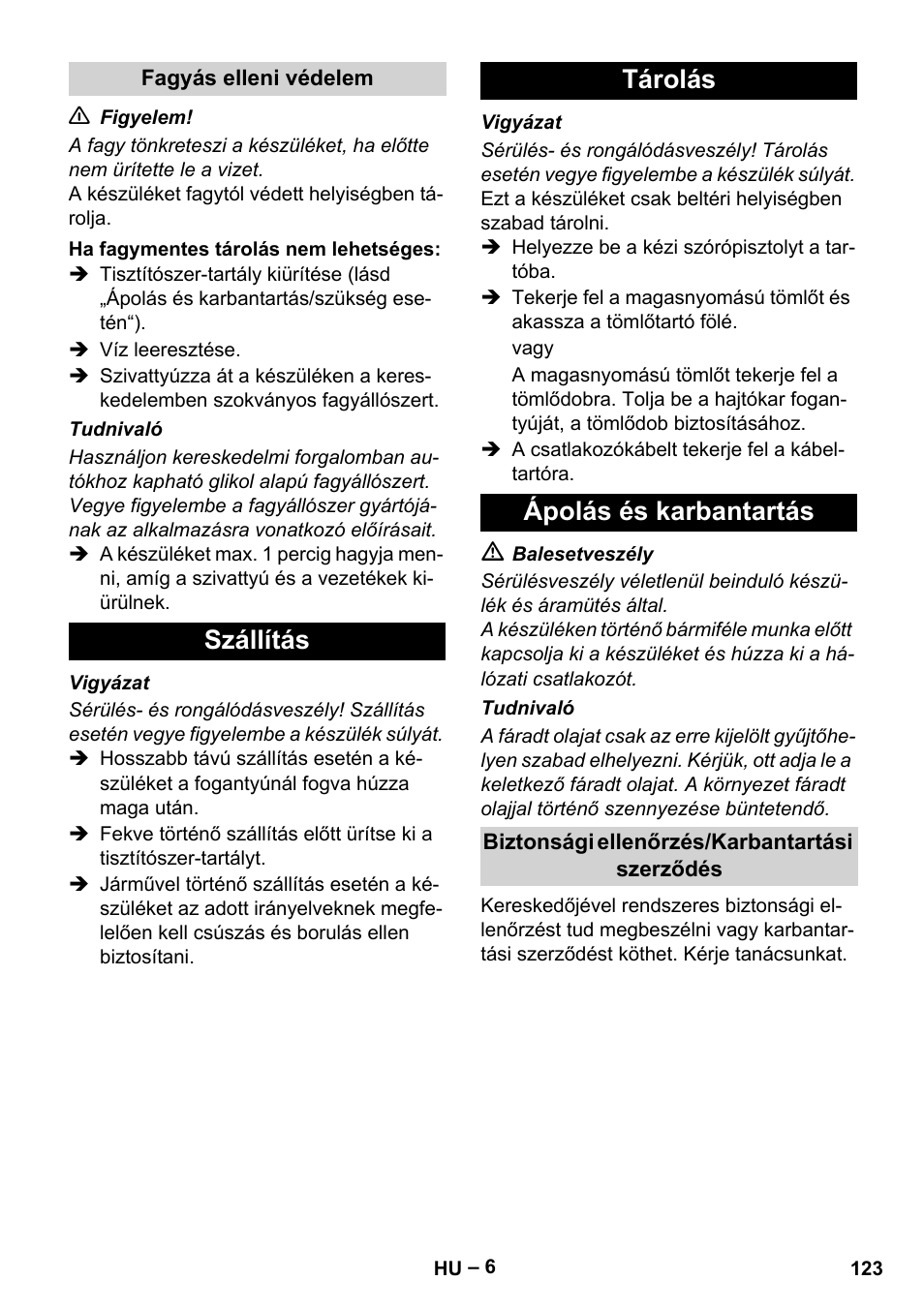 Szállítás tárolás ápolás és karbantartás | Karcher HD 10-23-4 SX Plus User Manual | Page 123 / 264