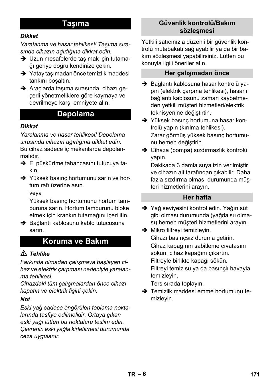 Taşıma depolama koruma ve bakım | Karcher HD 10-23-4 SX Plus User Manual | Page 171 / 264
