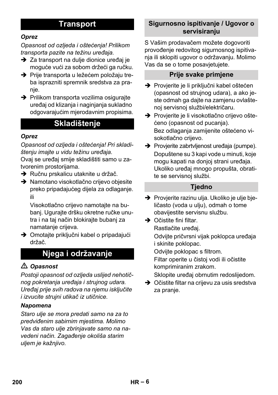 Transport skladištenje njega i održavanje | Karcher HD 10-23-4 SX Plus User Manual | Page 200 / 264