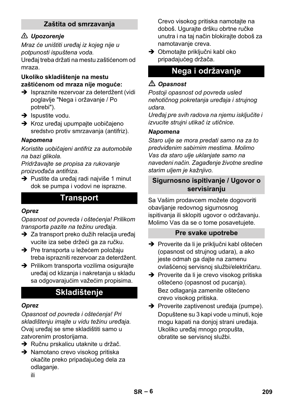 Transport skladištenje nega i održavanje | Karcher HD 10-23-4 SX Plus User Manual | Page 209 / 264