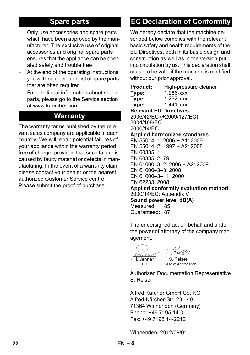 Spare parts warranty ec declaration of conformity | Karcher HD 10-23-4 SX Plus User Manual | Page 22 / 264