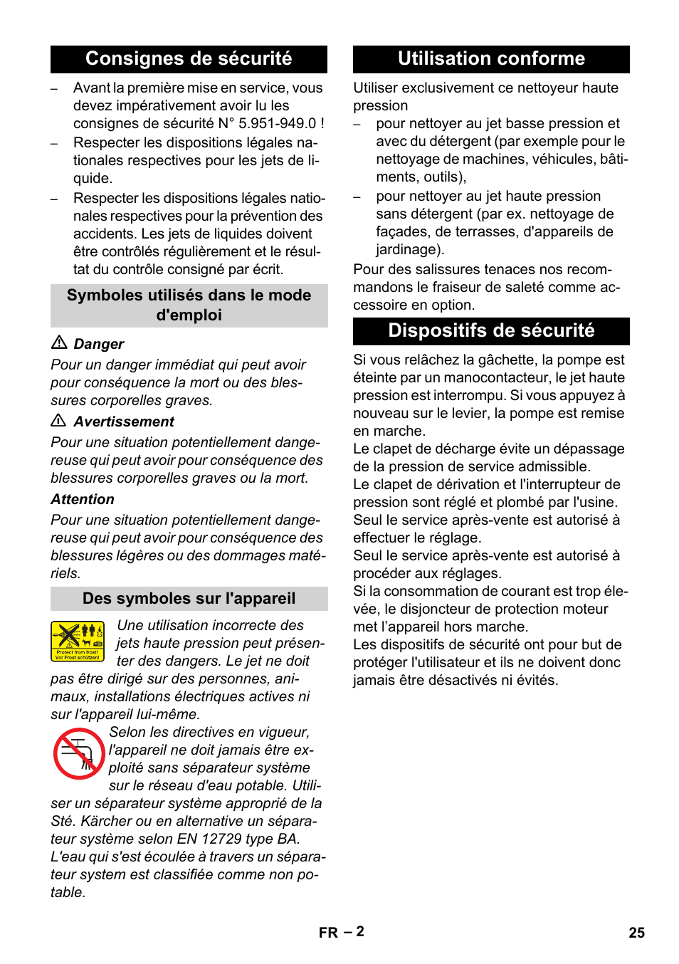 Consignes de sécurité, Utilisation conforme dispositifs de sécurité | Karcher HD 10-23-4 SX Plus User Manual | Page 25 / 264