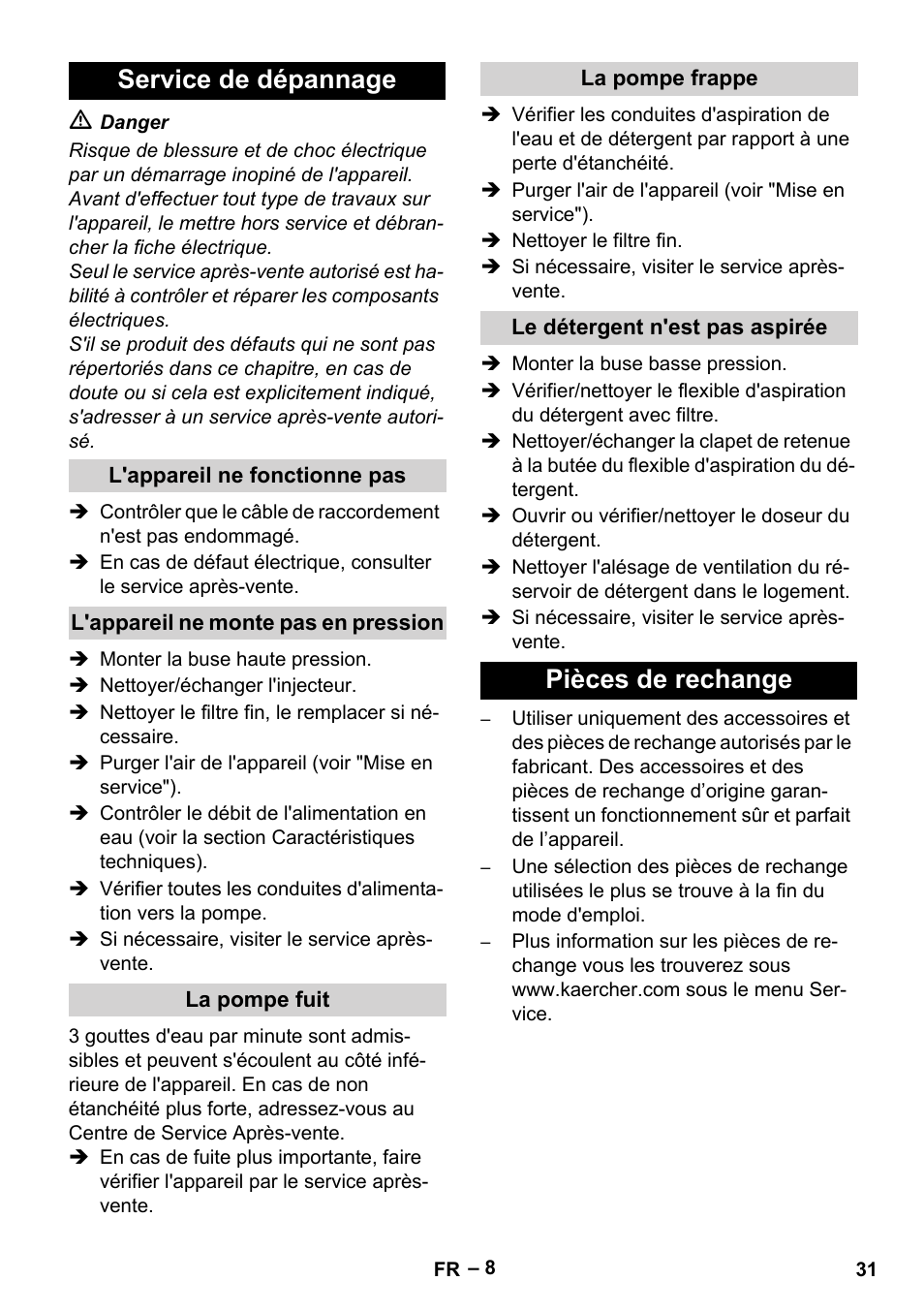 Service de dépannage, Pièces de rechange | Karcher HD 10-23-4 SX Plus User Manual | Page 31 / 264