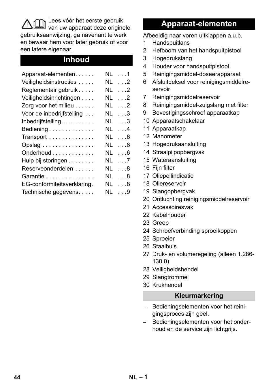 Nederlands, Inhoud, Apparaat-elementen | Karcher HD 10-23-4 SX Plus User Manual | Page 44 / 264