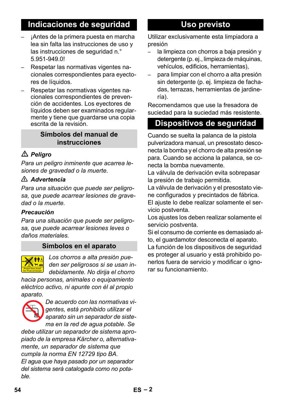 Indicaciones de seguridad, Uso previsto dispositivos de seguridad | Karcher HD 10-23-4 SX Plus User Manual | Page 54 / 264