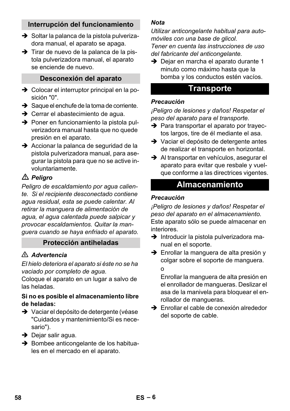 Transporte almacenamiento | Karcher HD 10-23-4 SX Plus User Manual | Page 58 / 264