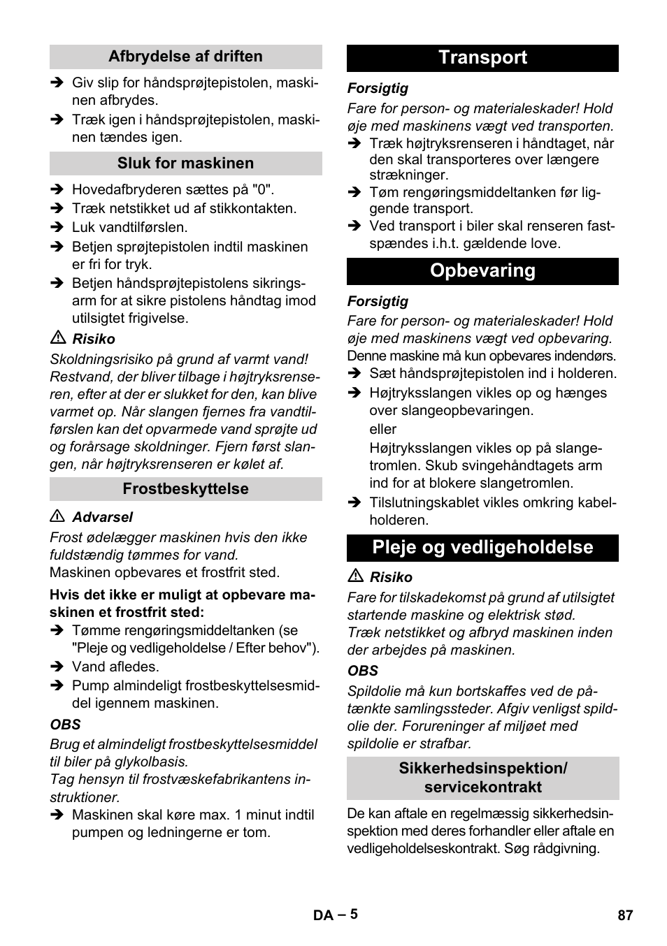 Transport opbevaring pleje og vedligeholdelse | Karcher HD 10-23-4 SX Plus User Manual | Page 87 / 264