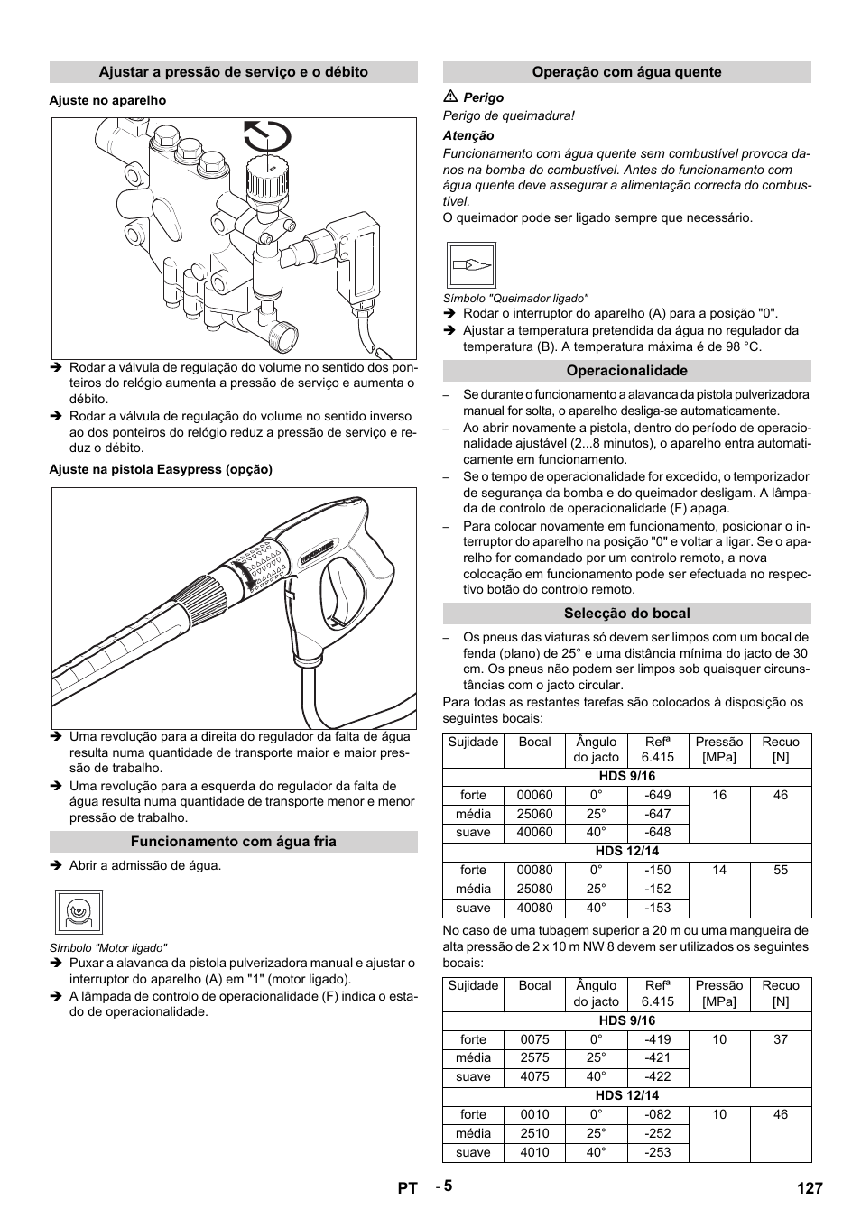 Ajustar a pressão de serviço e o débito, Ajuste no aparelho, Ajuste na pistola easypress (opção) | Funcionamento com água fria, Abrir a admissão de água, Símbolo "motor ligado, Operação com água quente, M perigo, Perigo de queimadura, Atenção | Karcher HDS 12-14-4 ST Gas User Manual | Page 127 / 464