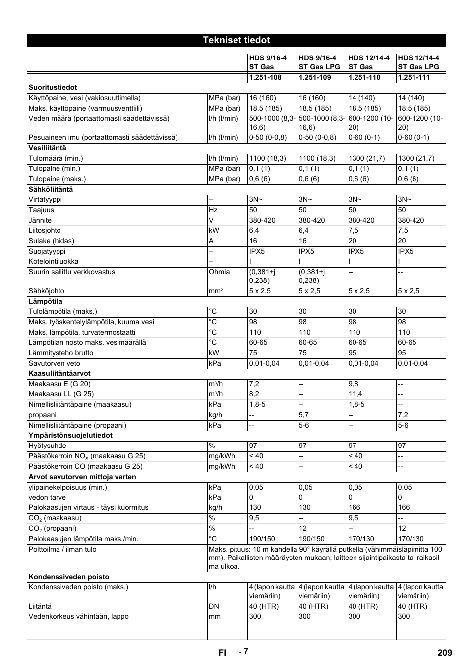 Tekniset tiedot, Hds 9/16-4 st gas, Hds 9/16-4 st gas lpg | Hds 12/14-4 st gas, Hds 12/14-4 st gas lpg, Suoritustiedot, Käyttöpaine, vesi (vakiosuuttimella), Mpa (bar), Maks. käyttöpaine (varmuusventtiili), Veden määrä (portaattomasti säädettävissä) | Karcher HDS 12-14-4 ST Gas User Manual | Page 209 / 464