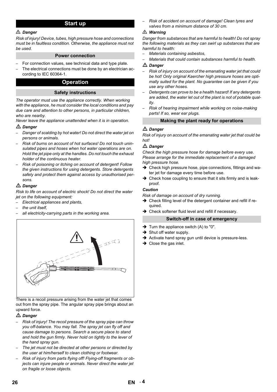 Start up, N danger, Power connection | Operation, Safety instructions, M danger, Electrical appliances and plants, The unit itself, All electricity-carrying parts in the working area, N warning | Karcher HDS 12-14-4 ST Gas User Manual | Page 26 / 464