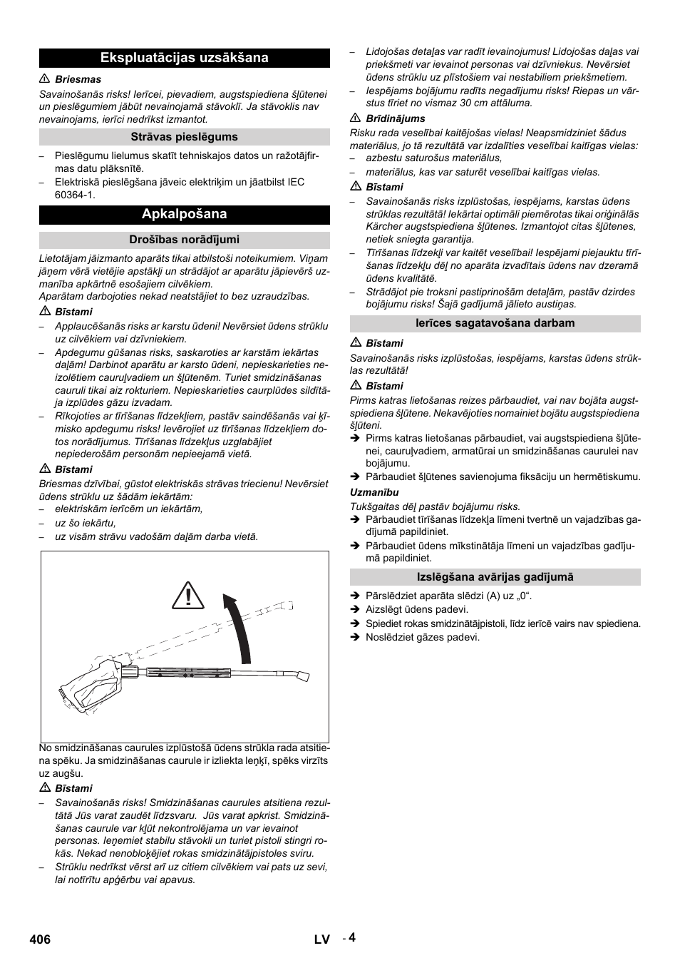 Ekspluatācijas uzsākšana, N briesmas, Strāvas pieslēgums | Apkalpošana, Drošības norādījumi, M bīstami, Elektriskām ierīcēm un iekārtām, Uz šo iekārtu, Uz visām strāvu vadošām daļām darba vietā, N brīdinājums | Karcher HDS 12-14-4 ST Gas User Manual | Page 406 / 464