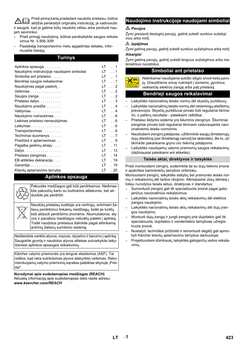 Lietuviškai, Turinys, Aplinkos apsauga | Nurodymai apie sudedamąsias medžiagas (reach), Www.kaercher.com/reach, Naudojimo instrukcijoje naudojami simboliai, M pavojus, N įspėjimas, Atsargiai, Simboliai ant prietaiso | Karcher HDS 12-14-4 ST Gas User Manual | Page 423 / 464