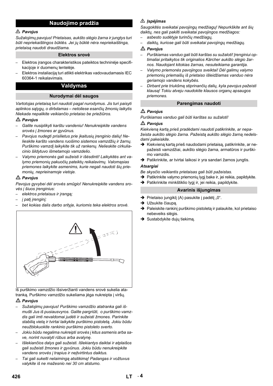 Naudojimo pradžia, N pavojus, Elektros srovė | Valdymas, Nurodymai dėl saugos, M pavojus, Elektros prietaisus ir įrangą, Į patį įrenginį, N įspėjimas, Asbesto sudėtyje turinčių medžiagų | Karcher HDS 12-14-4 ST Gas User Manual | Page 426 / 464