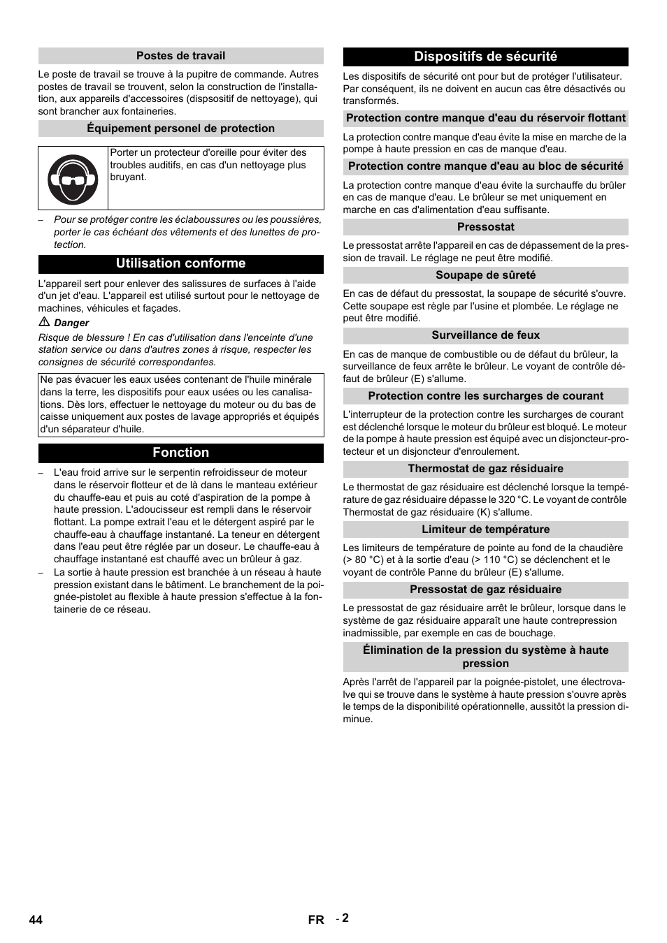 Postes de travail, Équipement personel de protection, Utilisation conforme | M danger, Fonction, Dispositifs de sécurité, Protection contre manque d'eau au bloc de sécurité, Pressostat, Soupape de sûreté, Surveillance de feux | Karcher HDS 12-14-4 ST Gas User Manual | Page 44 / 464