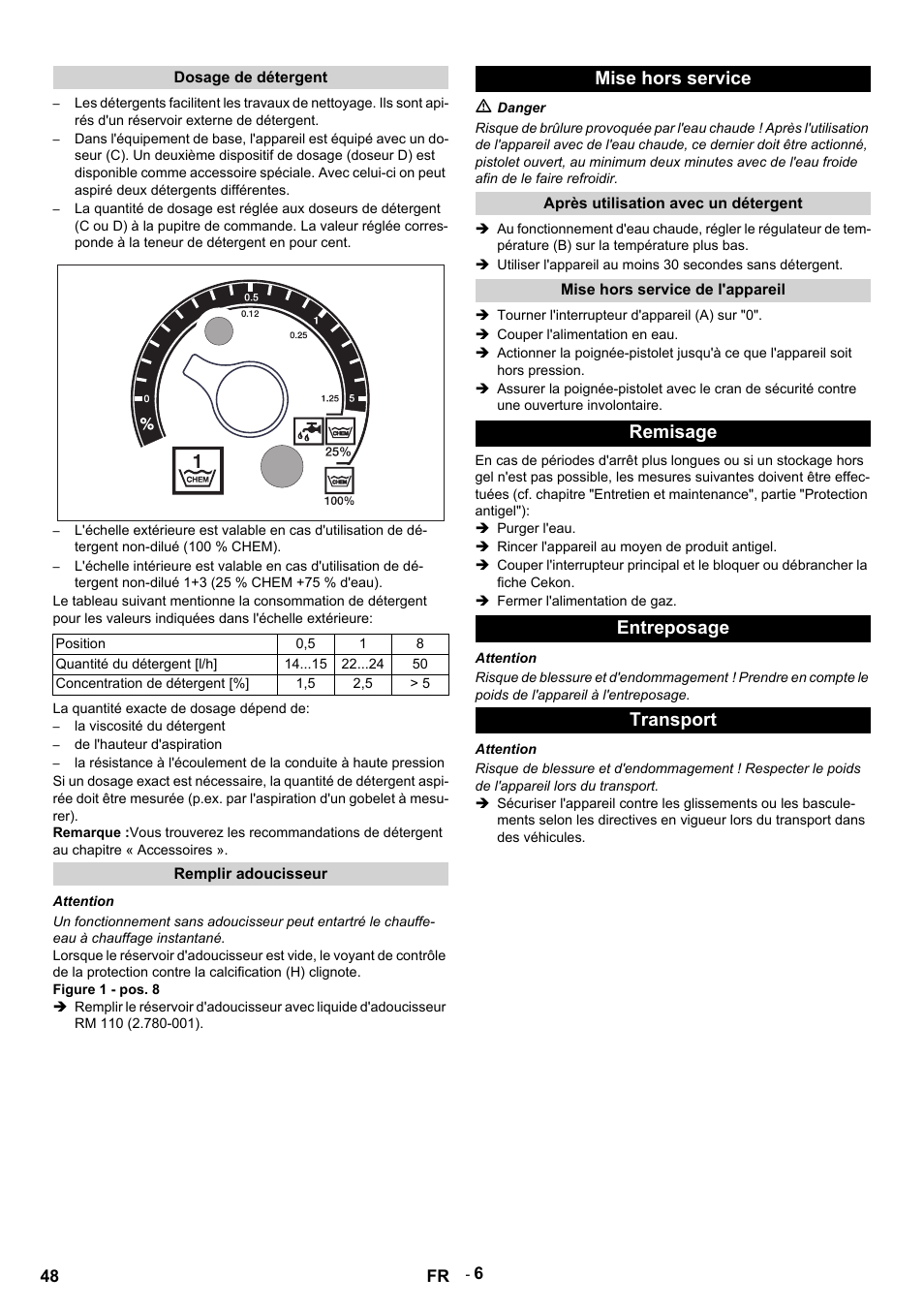 Dosage de détergent, Position, Quantité du détergent [l/h | Concentration de détergent, La quantité exacte de dosage dépend de, La viscosité du détergent, De l'hauteur d'aspiration, Remplir adoucisseur, Attention, Figure 1 - pos. 8 | Karcher HDS 12-14-4 ST Gas User Manual | Page 48 / 464