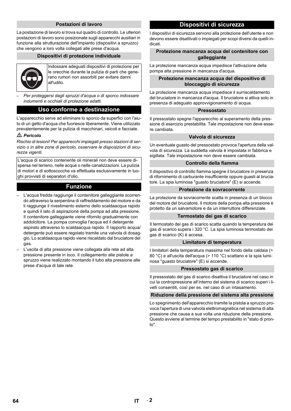 Postazioni di lavoro, Dispositivi di protezione individuale, Uso conforme a destinazione | M pericolo, Funzione, Dispositivi di sicurezza, Pressostato, Valvola di sicurezza, Controllo della fiamma, Protezione da sovracorrente | Karcher HDS 12-14-4 ST Gas User Manual | Page 64 / 464