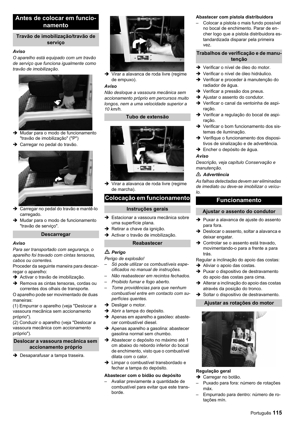 Antes de colocar em funcio- namento, Colocação em funcionamento, Funcionamento | Karcher ICC 1 D Adv User Manual | Page 115 / 347