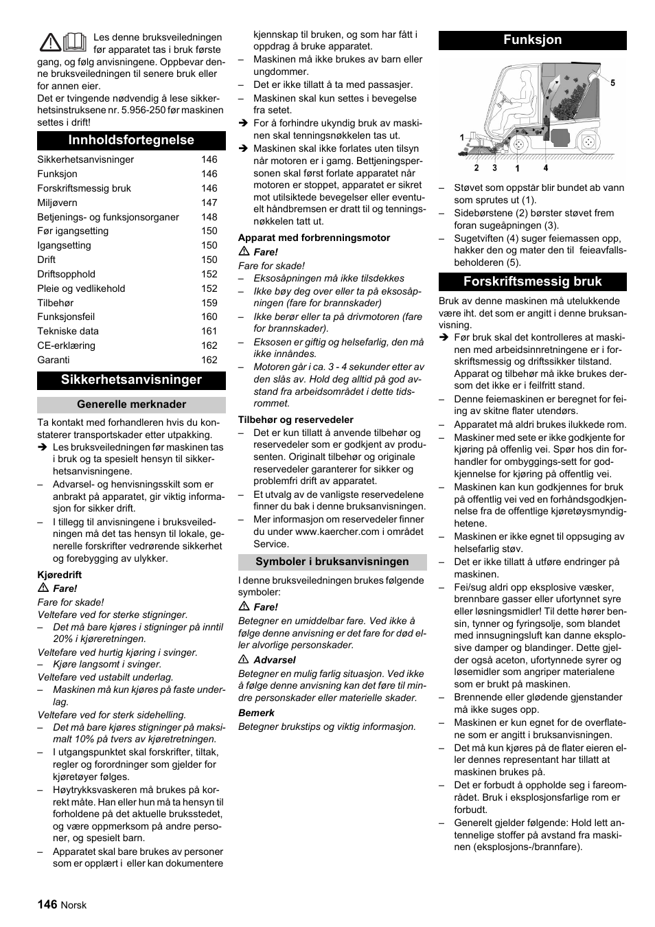 Innholdsfortegnelse sikkerhetsanvisninger, Funksjon forskriftsmessig bruk | Karcher ICC 1 D Adv User Manual | Page 146 / 347