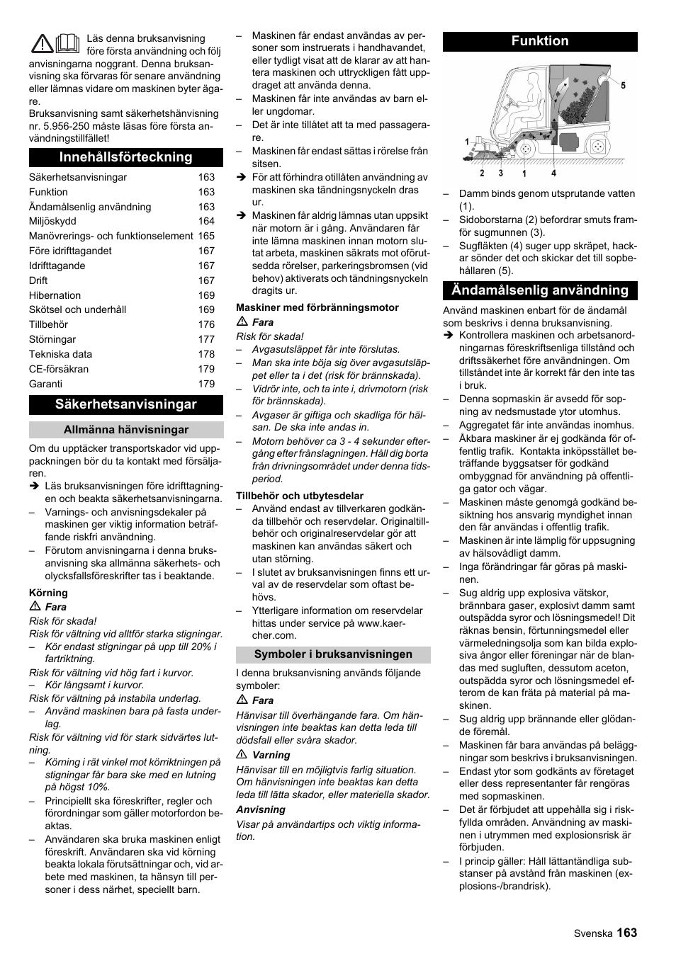 Innehållsförteckning säkerhetsanvisningar, Funktion ändamålsenlig användning | Karcher ICC 1 D Adv User Manual | Page 163 / 347