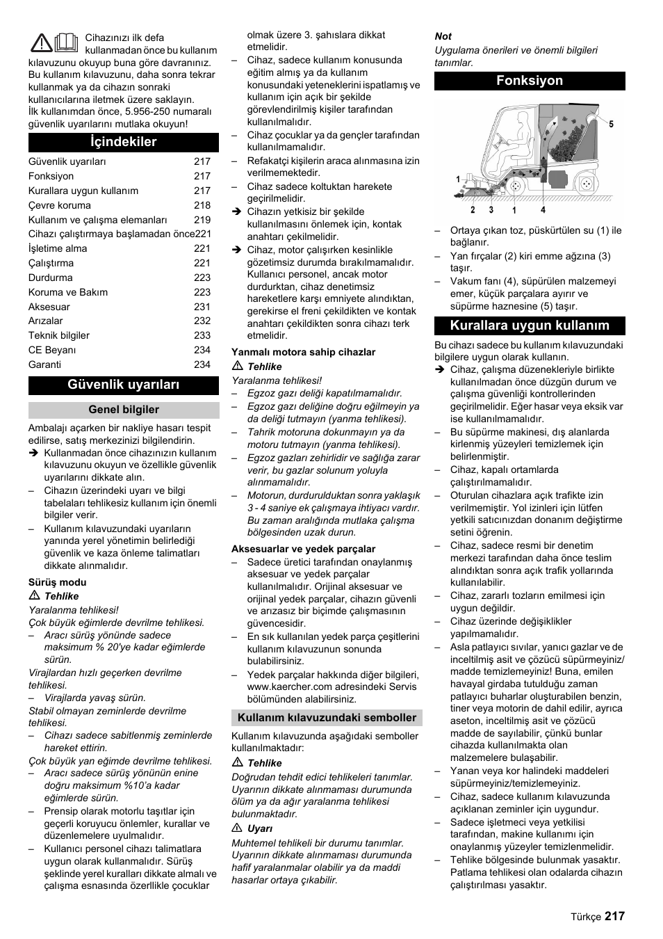 Içindekiler güvenlik uyarıları, Fonksiyon kurallara uygun kullanım | Karcher ICC 1 D Adv User Manual | Page 217 / 347