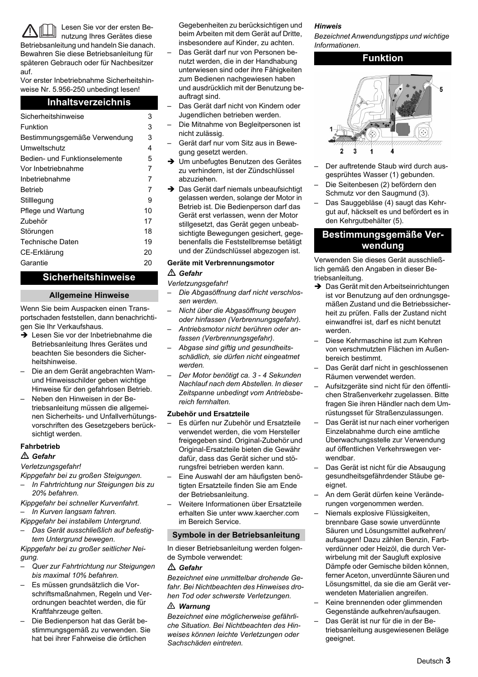 Inhaltsverzeichnis sicherheitshinweise, Funktion bestimmungsgemäße ver- wendung | Karcher ICC 1 D Adv User Manual | Page 3 / 347