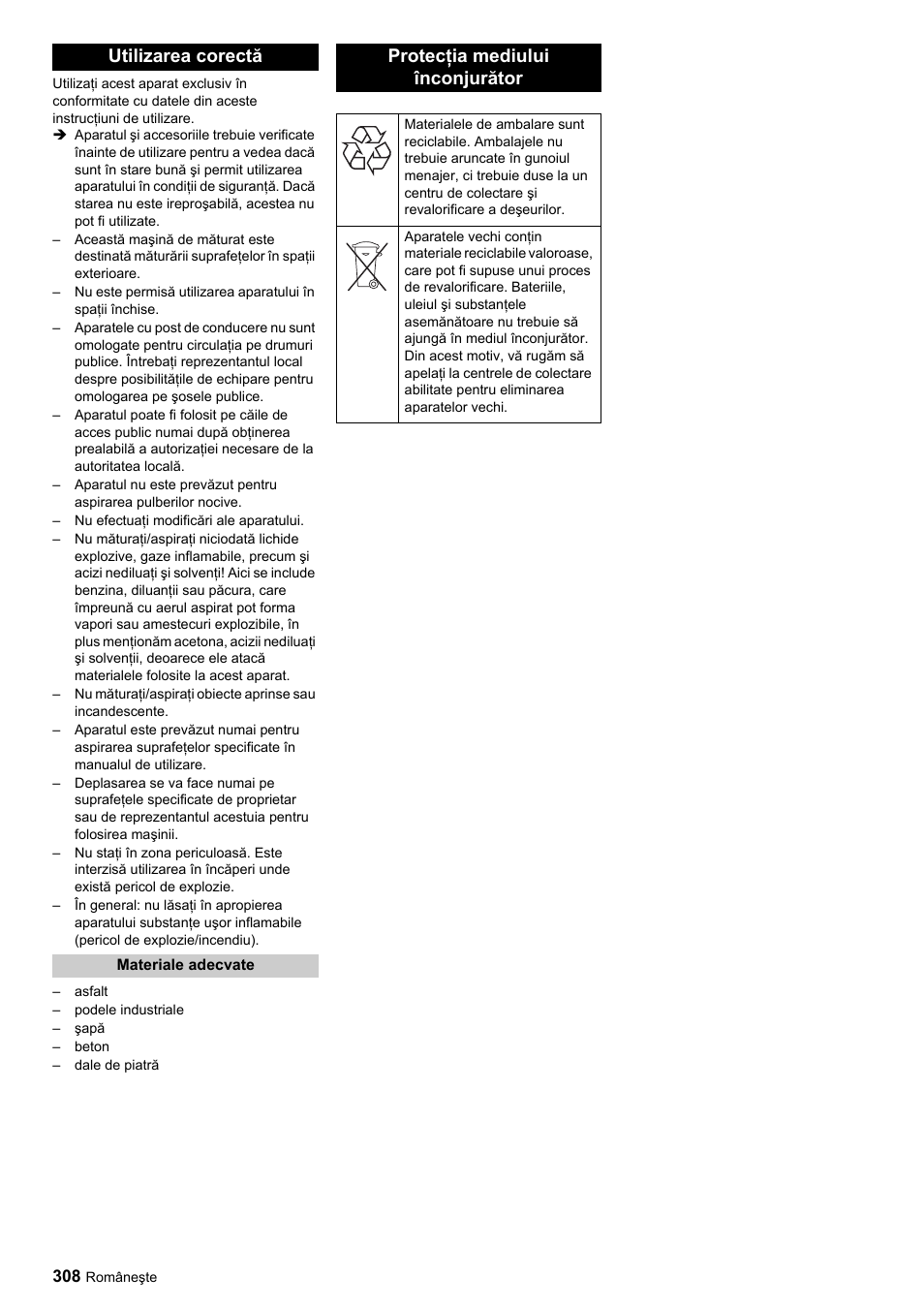 Utilizarea corectă, Protecţia mediului înconjurător | Karcher ICC 1 D Adv User Manual | Page 308 / 347