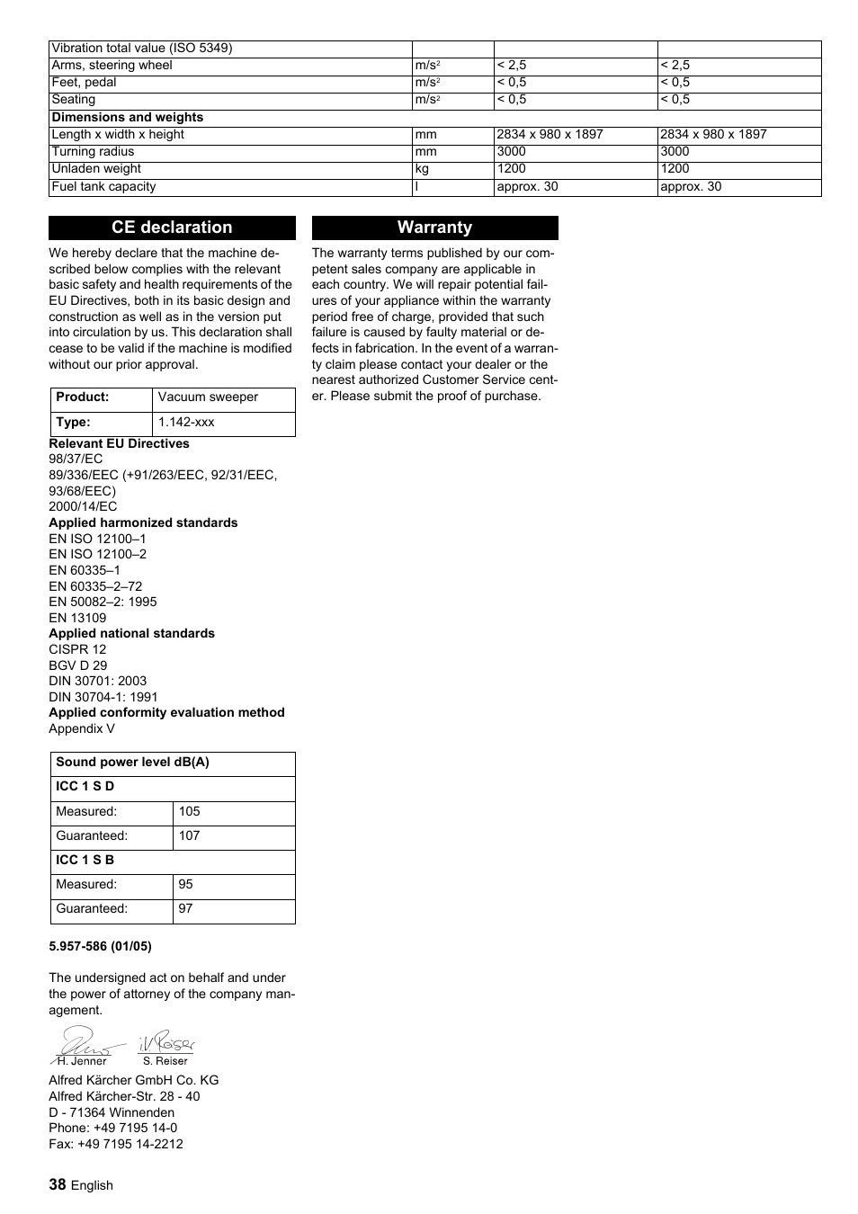Ce declaration, Warranty | Karcher ICC 1 D Adv User Manual | Page 38 / 347
