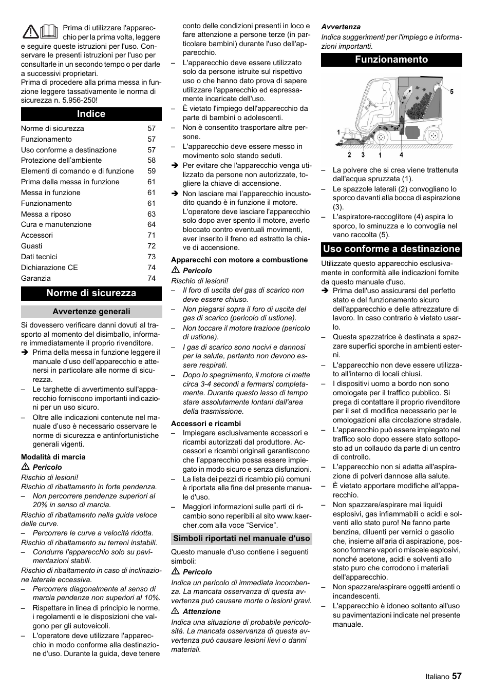 Indice norme di sicurezza, Funzionamento uso conforme a destinazione | Karcher ICC 1 D Adv User Manual | Page 57 / 347