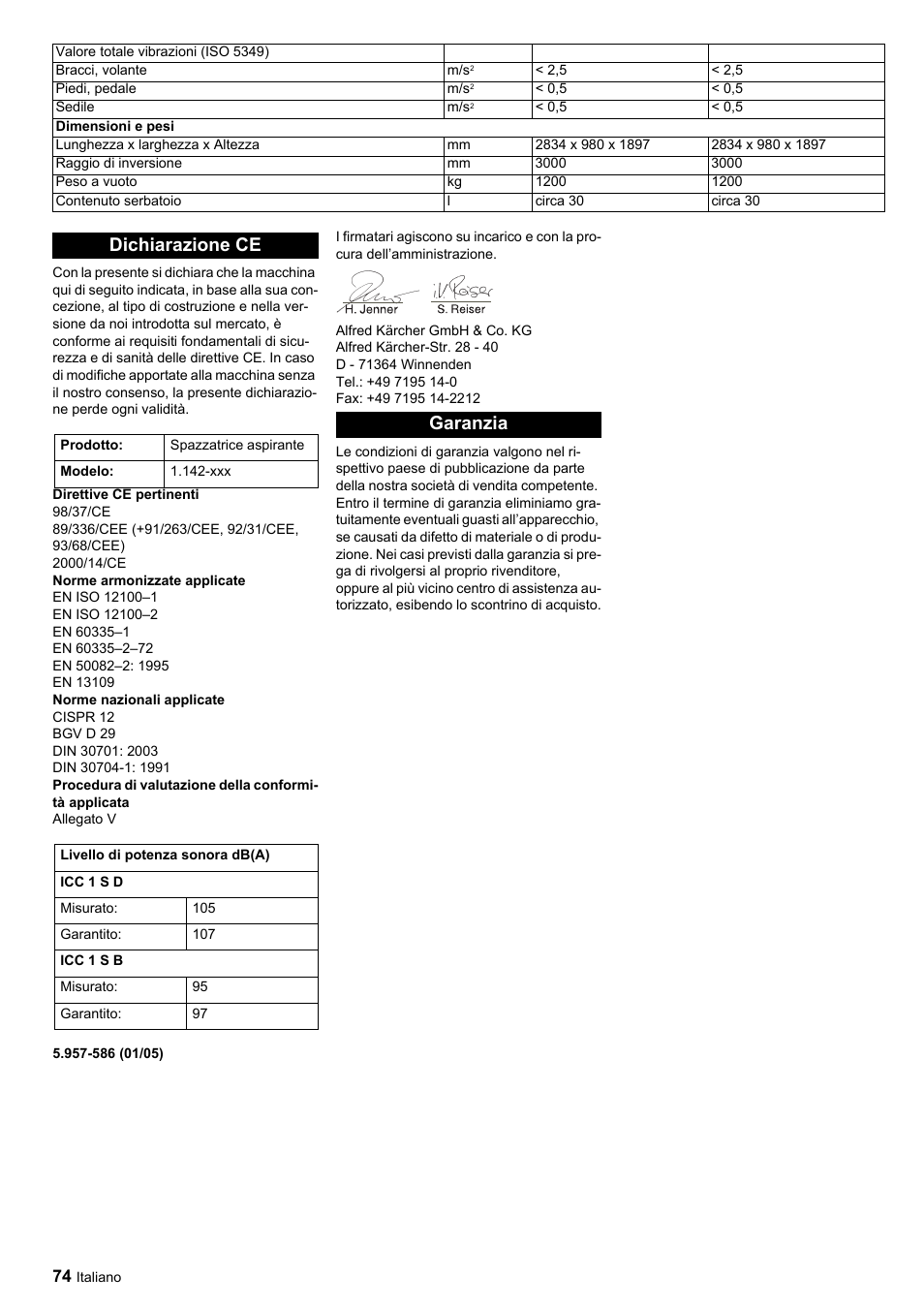 Dichiarazione ce, Garanzia | Karcher ICC 1 D Adv User Manual | Page 74 / 347