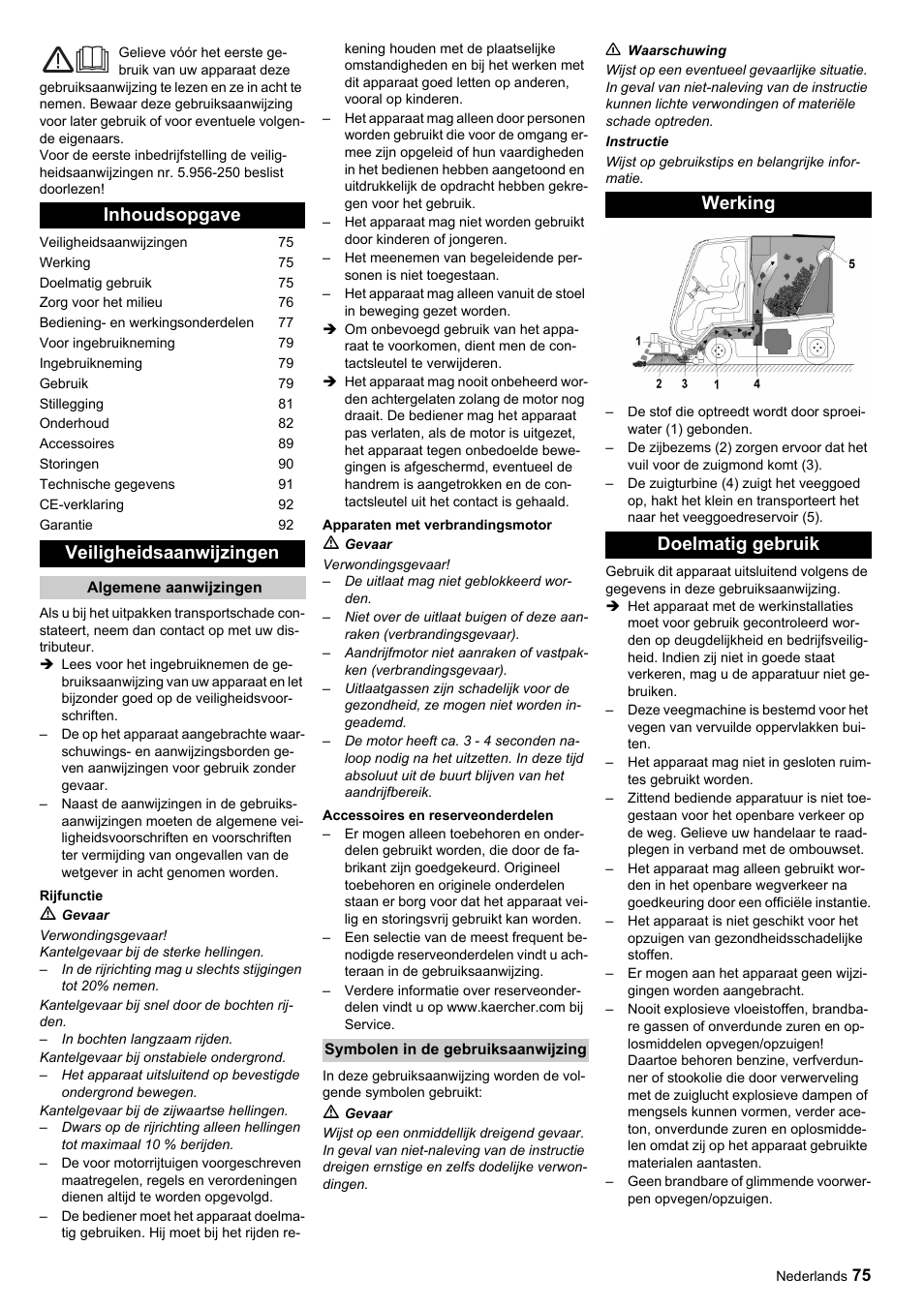 Inhoudsopgave veiligheidsaanwijzingen, Werking doelmatig gebruik | Karcher ICC 1 D Adv User Manual | Page 75 / 347