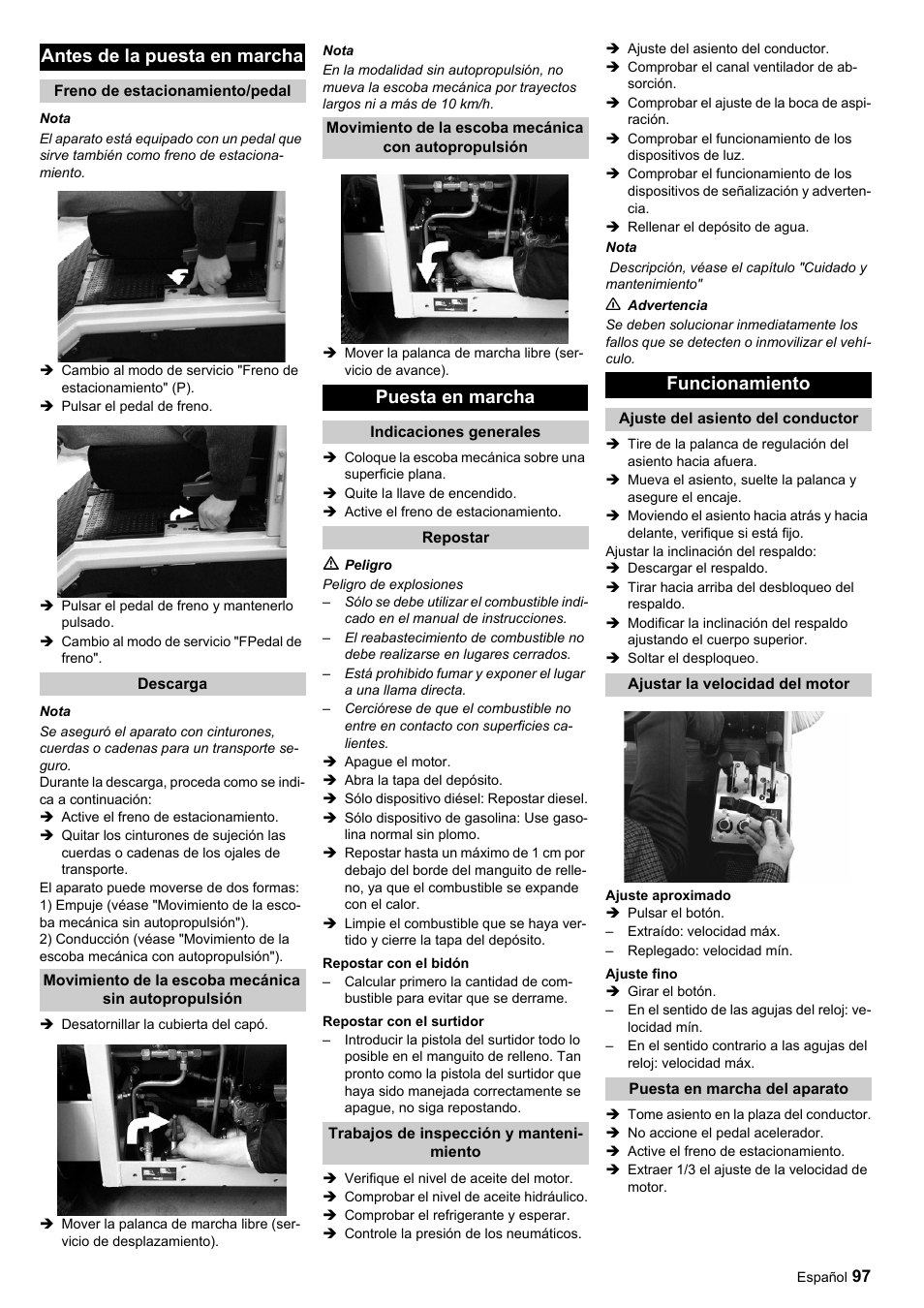 Antes de la puesta en marcha, Puesta en marcha, Funcionamiento | Karcher ICC 1 D Adv User Manual | Page 97 / 347