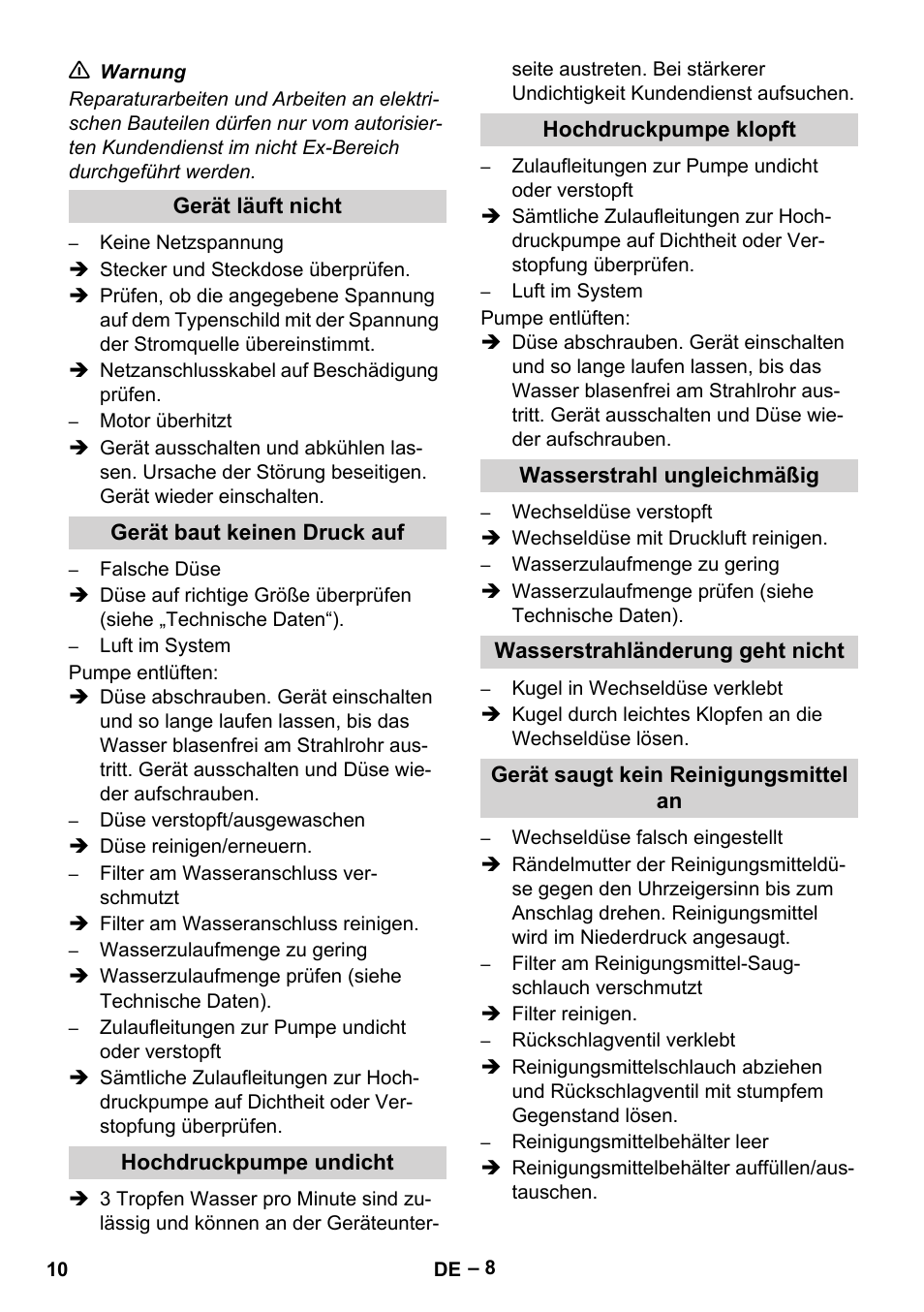 Gerät läuft nicht, Gerät baut keinen druck auf, Hochdruckpumpe undicht | Hochdruckpumpe klopft, Wasserstrahl ungleichmäßig, Wasserstrahländerung geht nicht, Gerät saugt kein reinigungsmittel an | Karcher HD 10-16-4 Cage Ex User Manual | Page 10 / 316