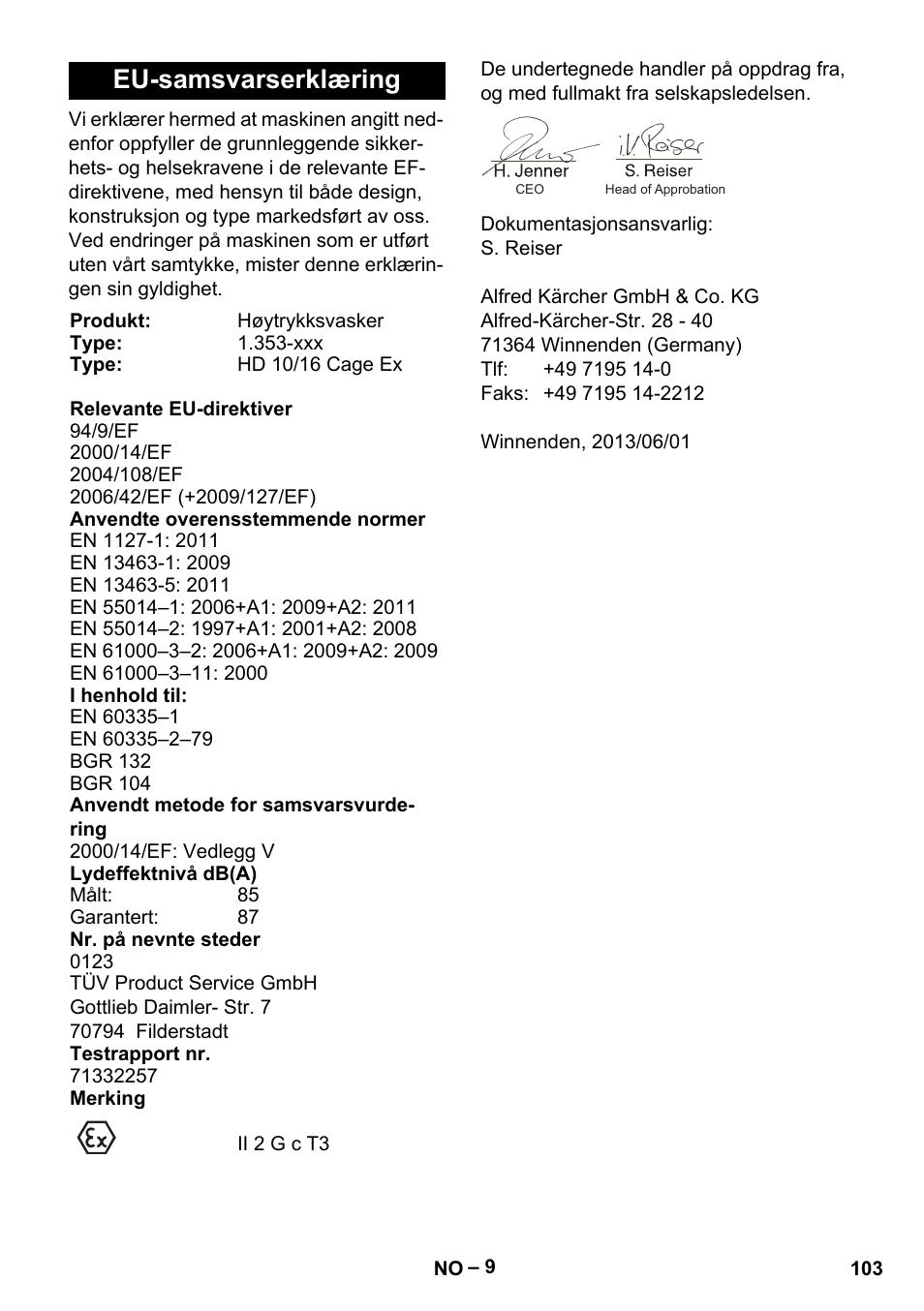 Eu-samsvarserklæring | Karcher HD 10-16-4 Cage Ex User Manual | Page 103 / 316