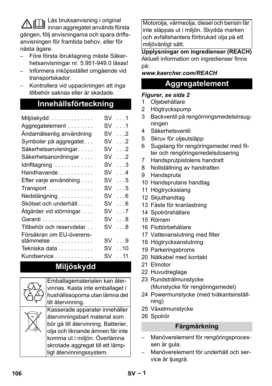 Svenska, Innehållsförteckning, Miljöskydd | Aggregatelement, Färgmärkning | Karcher HD 10-16-4 Cage Ex User Manual | Page 106 / 316