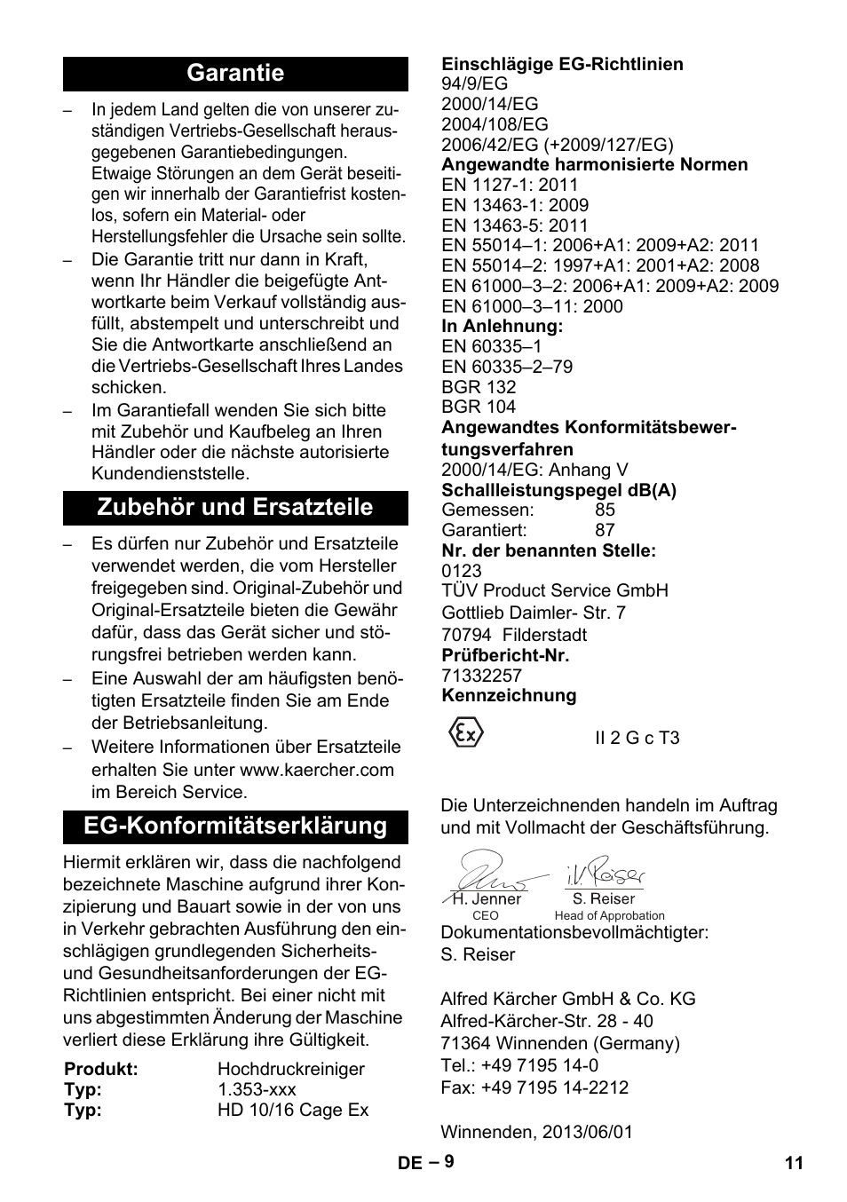 Garantie, Zubehör und ersatzteile, Eg-konformitätserklärung | Karcher HD 10-16-4 Cage Ex User Manual | Page 11 / 316