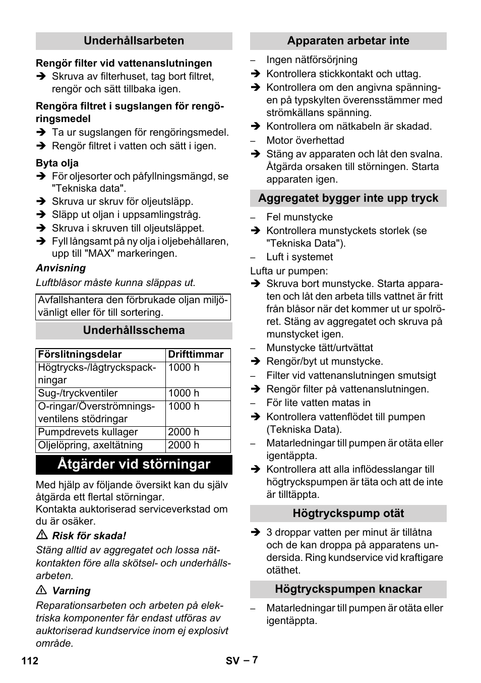 Underhållsarbeten, Rengör filter vid vattenanslutningen, Rengöra filtret i sugslangen för rengöringsmedel | Byta olja, Underhållsschema, Åtgärder vid störningar, Apparaten arbetar inte, Aggregatet bygger inte upp tryck, Högtryckspump otät, Högtryckspumpen knackar | Karcher HD 10-16-4 Cage Ex User Manual | Page 112 / 316