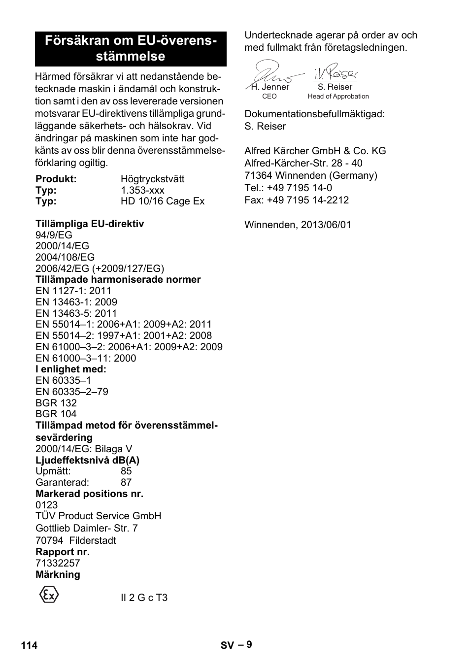 Försäkran om eu-överensstämmelse, Försäkran om eu-överens- stämmelse | Karcher HD 10-16-4 Cage Ex User Manual | Page 114 / 316