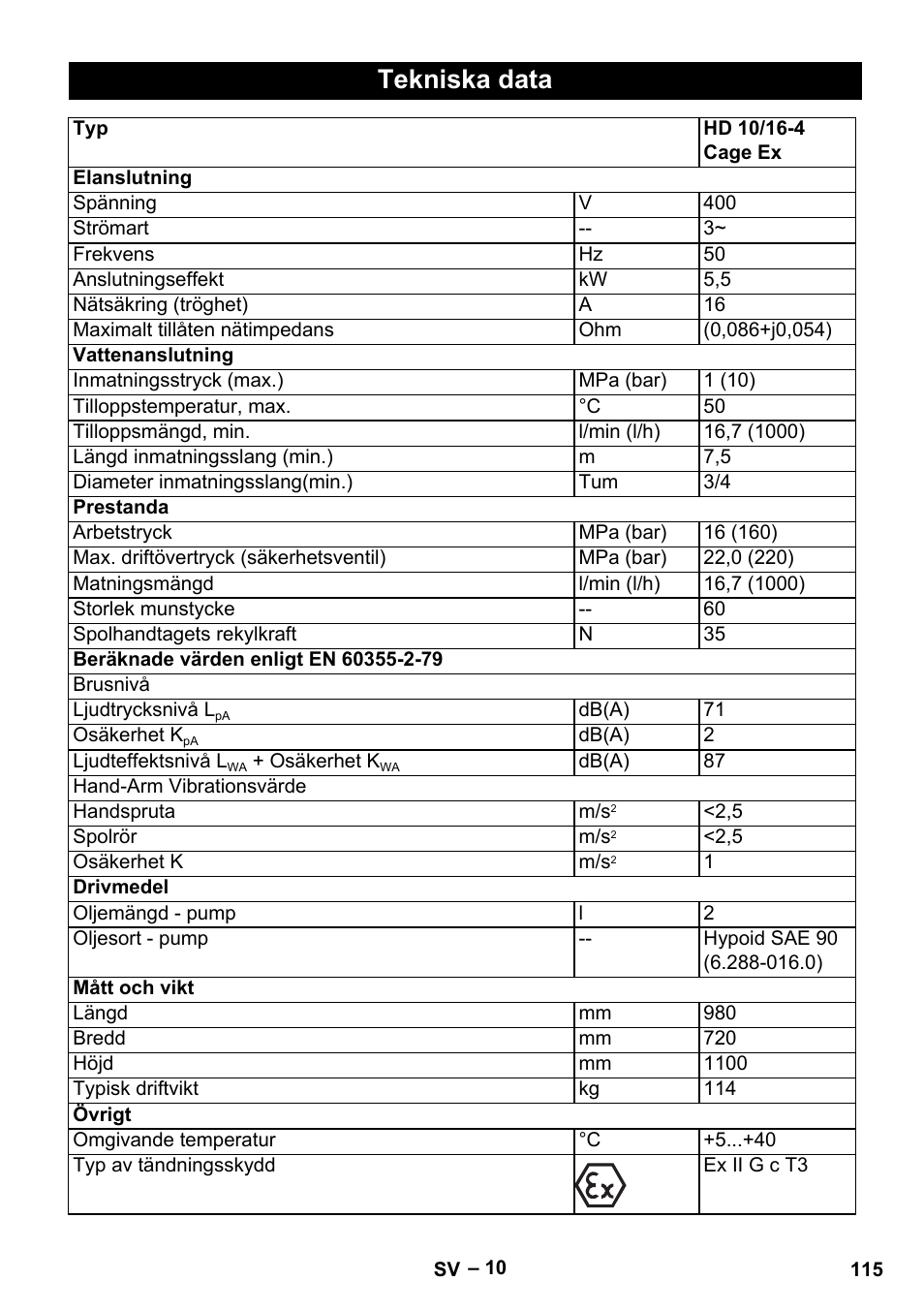 Tekniska data | Karcher HD 10-16-4 Cage Ex User Manual | Page 115 / 316