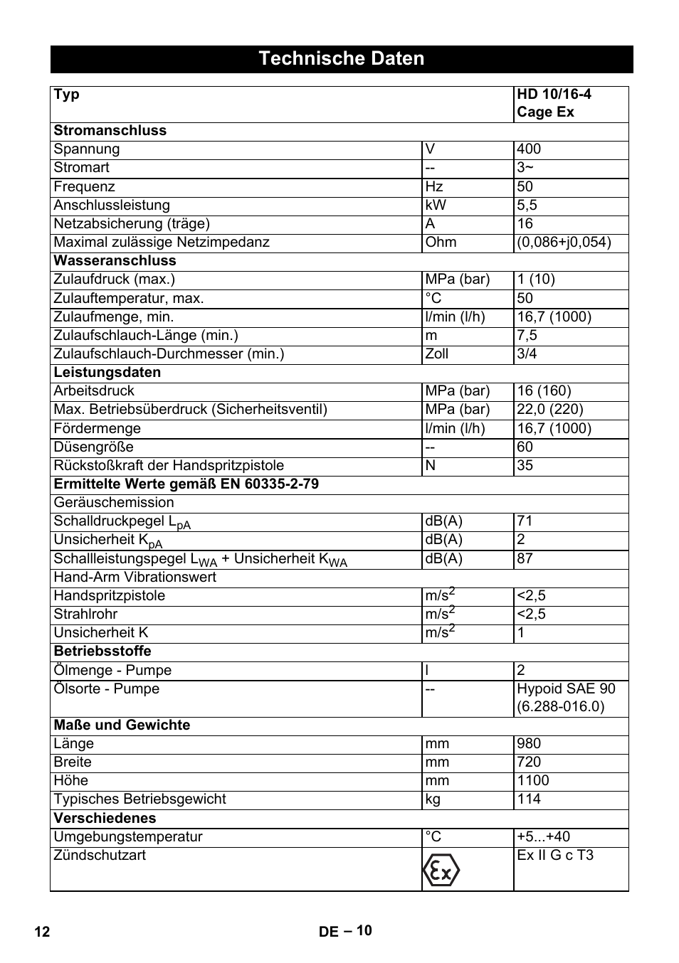 Technische daten | Karcher HD 10-16-4 Cage Ex User Manual | Page 12 / 316