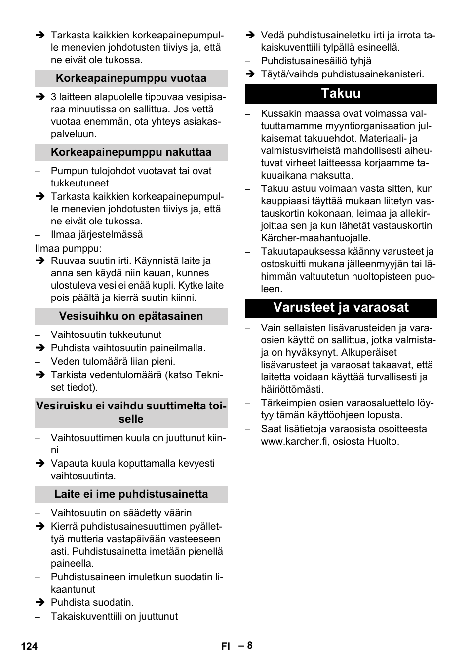 Korkeapainepumppu vuotaa, Korkeapainepumppu nakuttaa, Vesisuihku on epätasainen | Vesiruisku ei vaihdu suuttimelta toiselle, Laite ei ime puhdistusainetta, Takuu, Varusteet ja varaosat, Takuu varusteet ja varaosat | Karcher HD 10-16-4 Cage Ex User Manual | Page 124 / 316