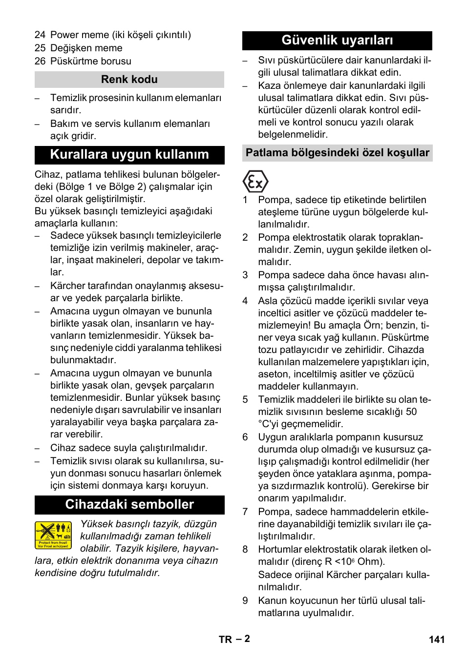 Renk kodu, Kurallara uygun kullanım, Cihazdaki semboller | Güvenlik uyarıları, Patlama bölgesindeki özel koşullar | Karcher HD 10-16-4 Cage Ex User Manual | Page 141 / 316