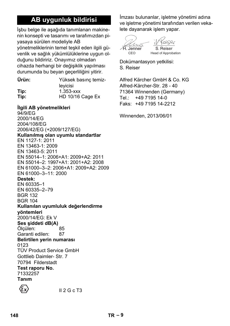 Ab uygunluk bildirisi | Karcher HD 10-16-4 Cage Ex User Manual | Page 148 / 316