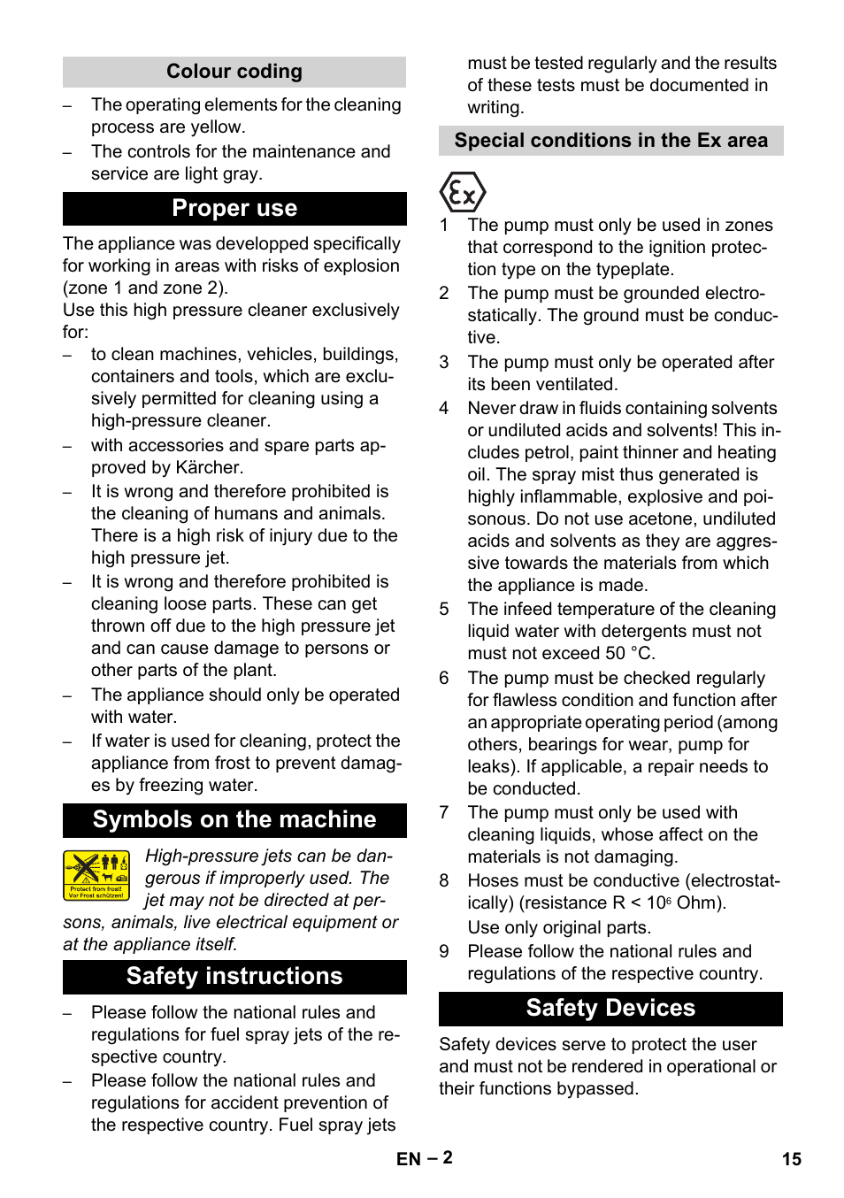 Colour coding, Proper use, Symbols on the machine | Safety instructions, Special conditions in the ex area, Safety devices | Karcher HD 10-16-4 Cage Ex User Manual | Page 15 / 316