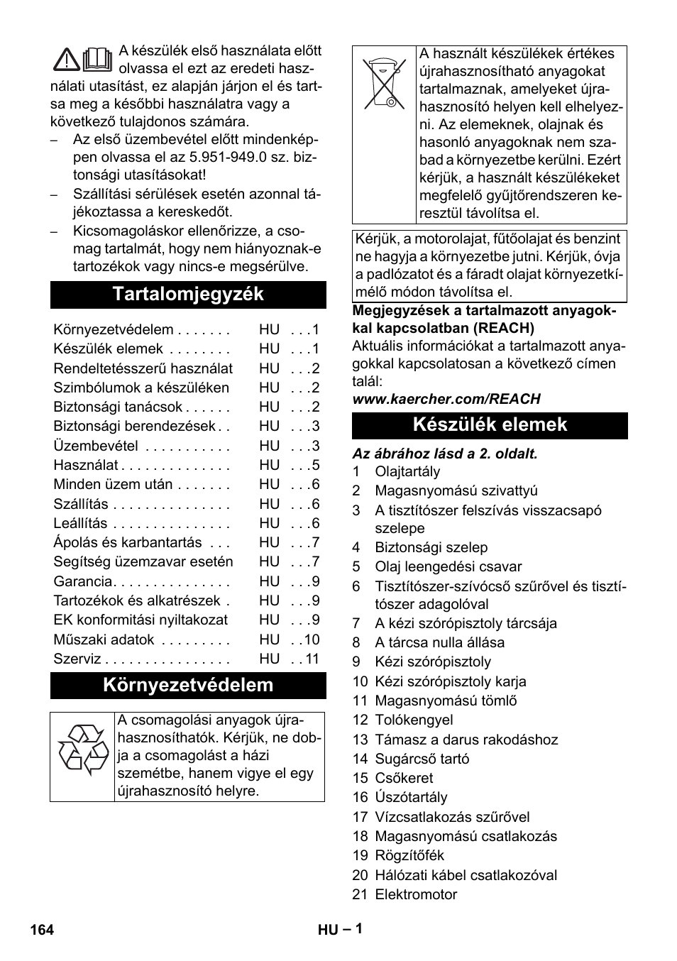 Magyar, Tartalomjegyzék, Környezetvédelem | Készülék elemek | Karcher HD 10-16-4 Cage Ex User Manual | Page 164 / 316