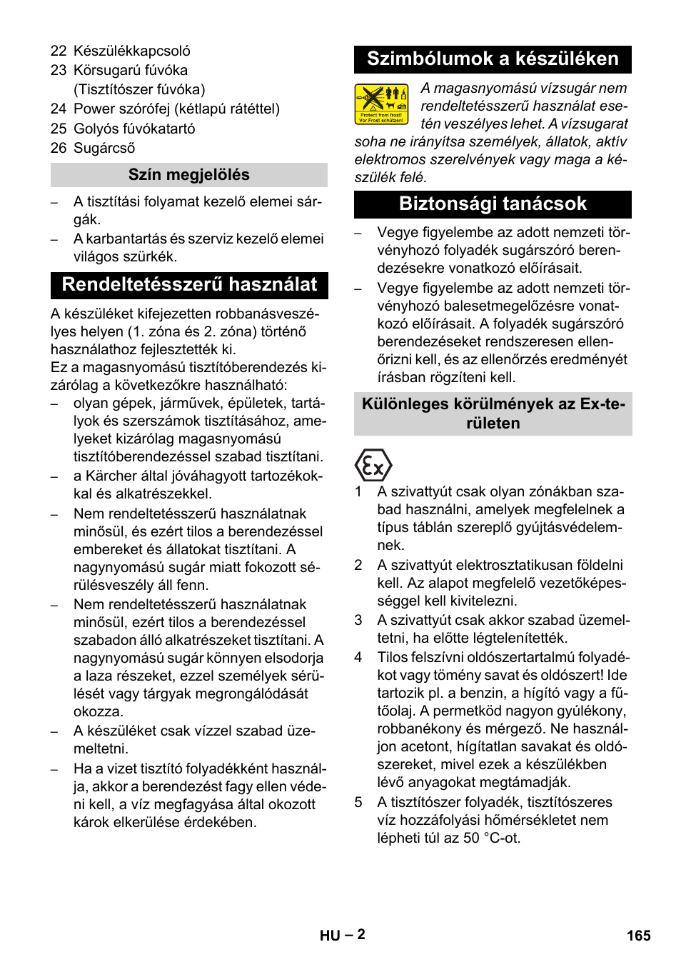 Szín megjelölés, Rendeltetésszerű használat, Szimbólumok a készüléken | Biztonsági tanácsok, Különleges körülmények az ex-területen | Karcher HD 10-16-4 Cage Ex User Manual | Page 165 / 316