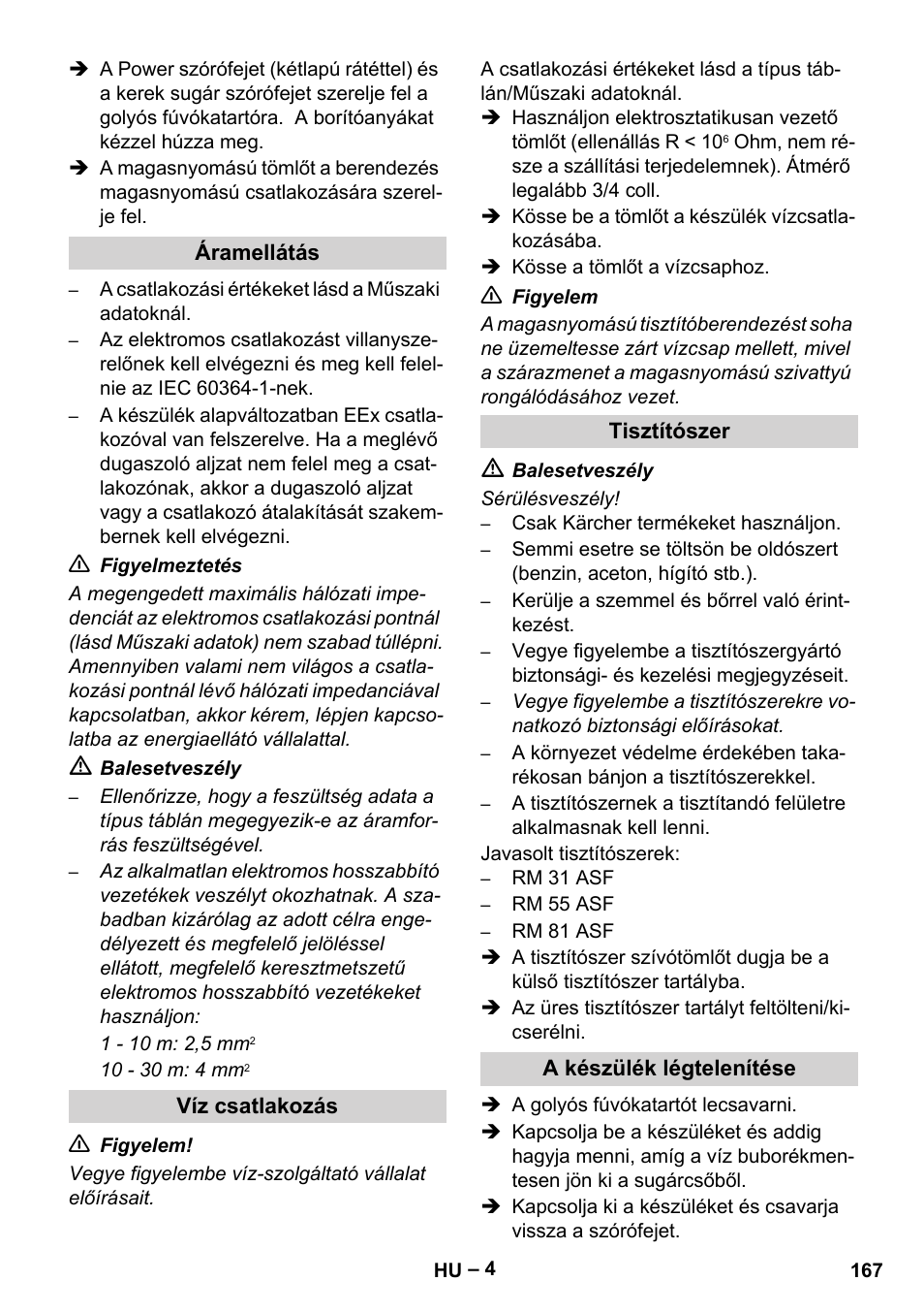 Áramellátás, Víz csatlakozás, Tisztítószer | A készülék légtelenítése | Karcher HD 10-16-4 Cage Ex User Manual | Page 167 / 316