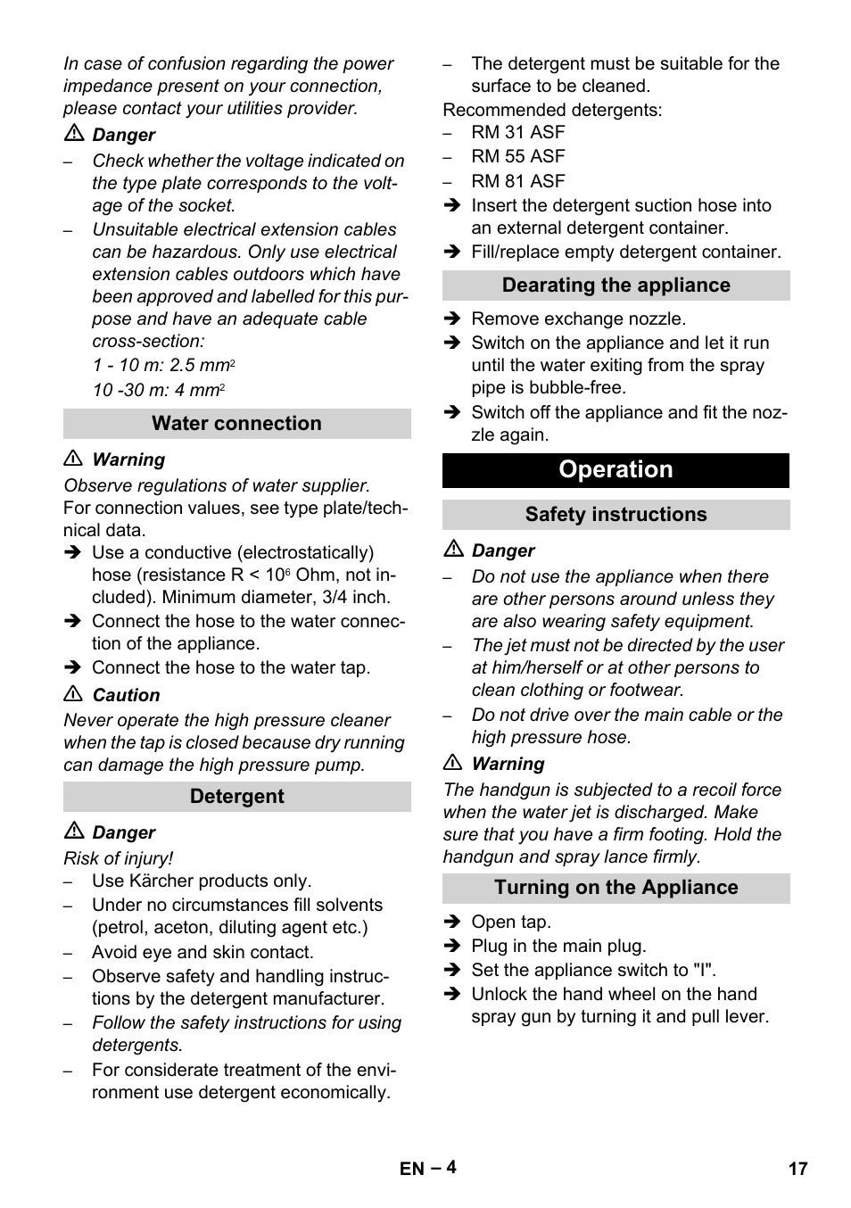 Water connection, Detergent, Dearating the appliance | Operation, Safety instructions, Turning on the appliance | Karcher HD 10-16-4 Cage Ex User Manual | Page 17 / 316